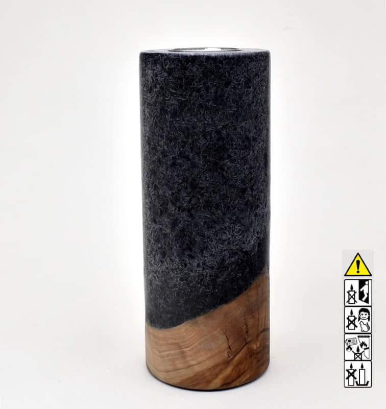 Kerze mit Holz Unikat Rund 80 x 200 mm mit Teelicht in schwarz