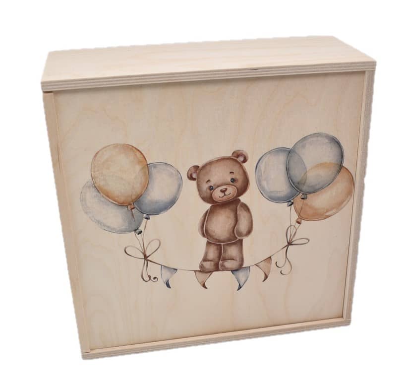 Geschenkbox "Bär mit Luftballons" aus Holz verzierten Holz-Schiebedeckel Innen = 240 x 240 x 90 mm 