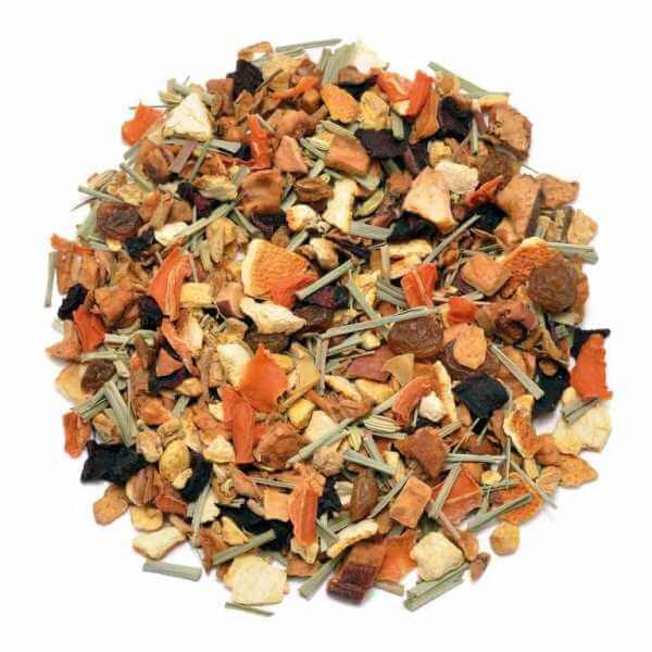 Apfelst?cke (35%), Ingwer (15%), Orangenschalen, Weinbeeren, Karottenflocken, Rote Bete, Lemongras, Fenchel, nat?rliches Aroma.
