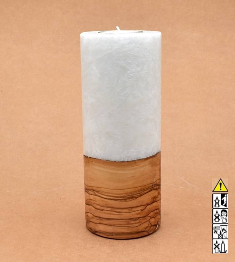 Kerze 80x200mm mit Holzelement, Individuelle, persönliche Hochzeitskerze  Holzkerze, Rund Stearinoptik, Hochzeitskerze mit Teelicht im Kerzen online Shop für Hochzeiten bestellen, günstig kaufen.