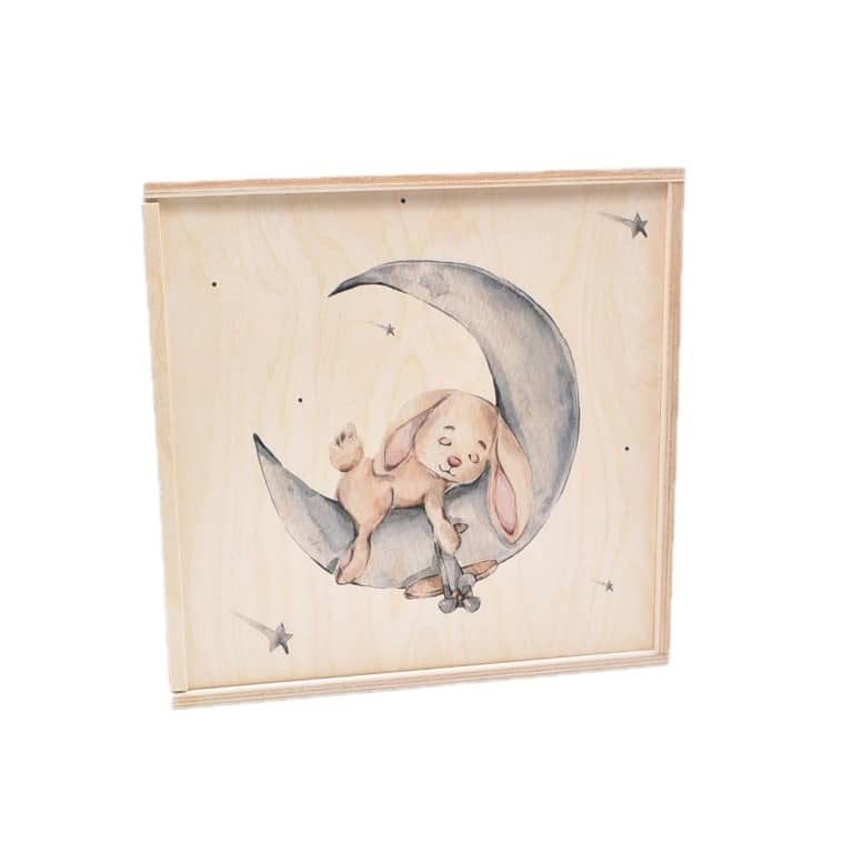 Geschenkbox "Schlafmaus im Mond" aus Holz verzierten Holz-Schiebedeckel Innen = 240 x 240 x 90 mm