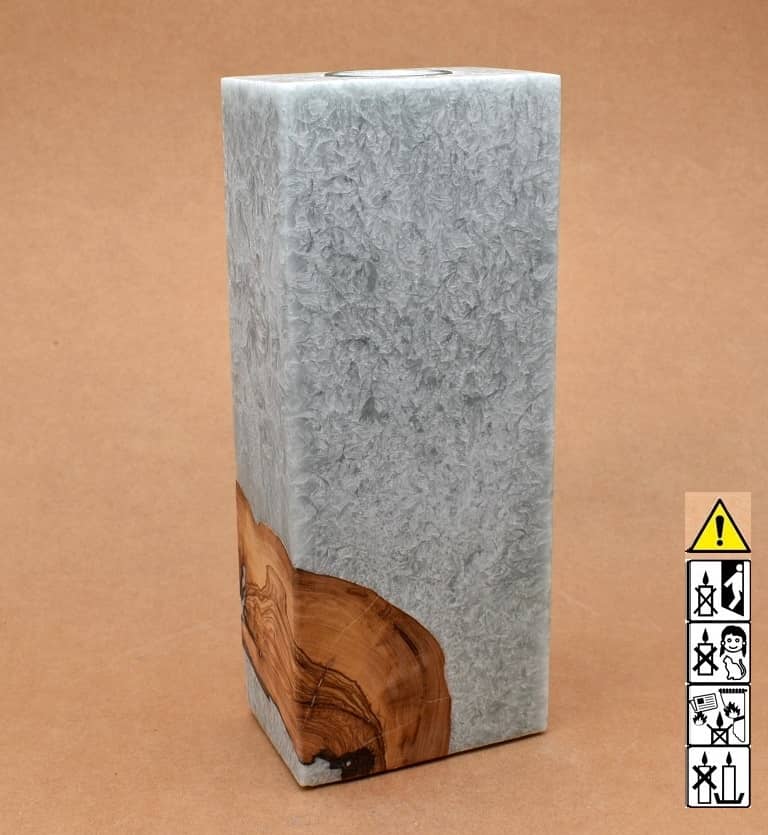 Kerze mit Holz Unikat Quader 70 x 100 x 200 mm mit Teelicht in silbergrau
