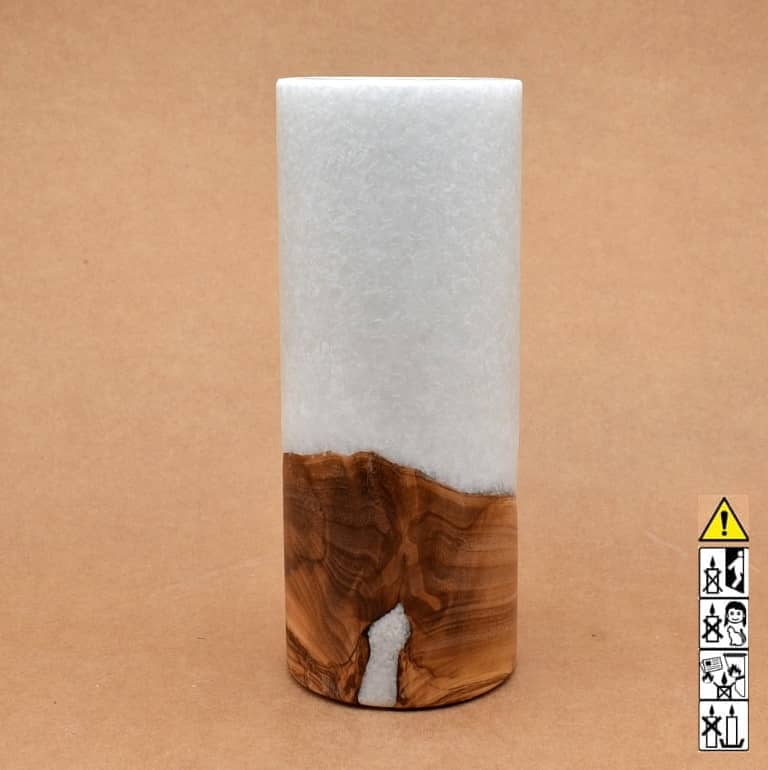 Kerze 80x200mm mit Holzelement, Individuelle, persönliche Hochzeitskerze  Holzkerze, Rund Stearinoptik, Hochzeitskerze mit Teelicht im Kerzen online Shop für Hochzeiten bestellen, günstig kaufen.