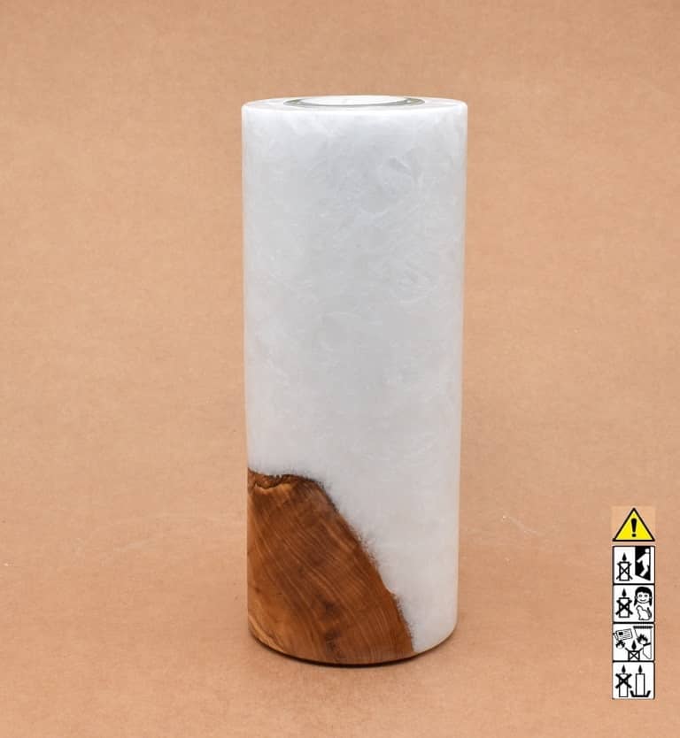 Kerze 80x200mm mit Holzelement, Individuelle, persönliche Hochzeitskerze  Holzkerze, Rund Stearinoptik, Hochzeitskerze mit Teelicht im Kerzen online Shop für Hochzeiten bestellen, günstig kaufen.
