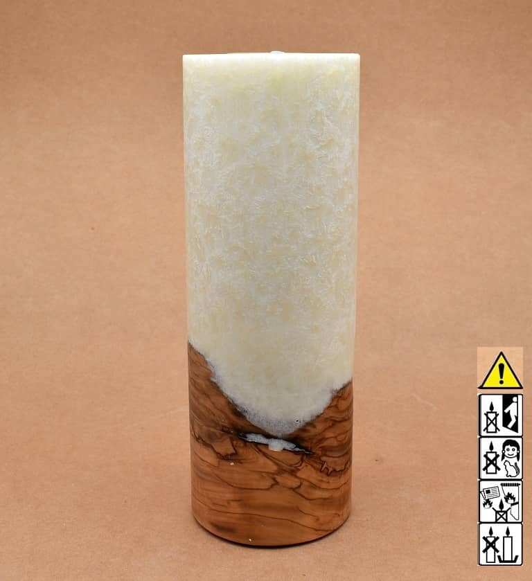 Kerze mit Holz Unikat Rund 90 x 250 mm mit Teelicht in elfenbein Nr.: 1