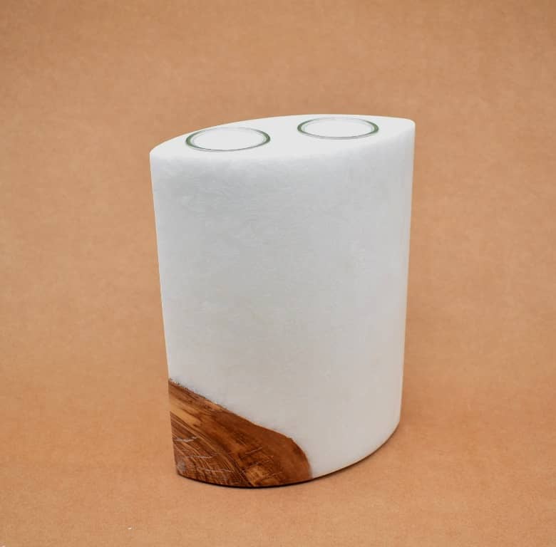 Kerze mit Holz Unikat Oval Kanten spitz 210 x 140 x 80 mm 2 x Teelicht Nr.:7