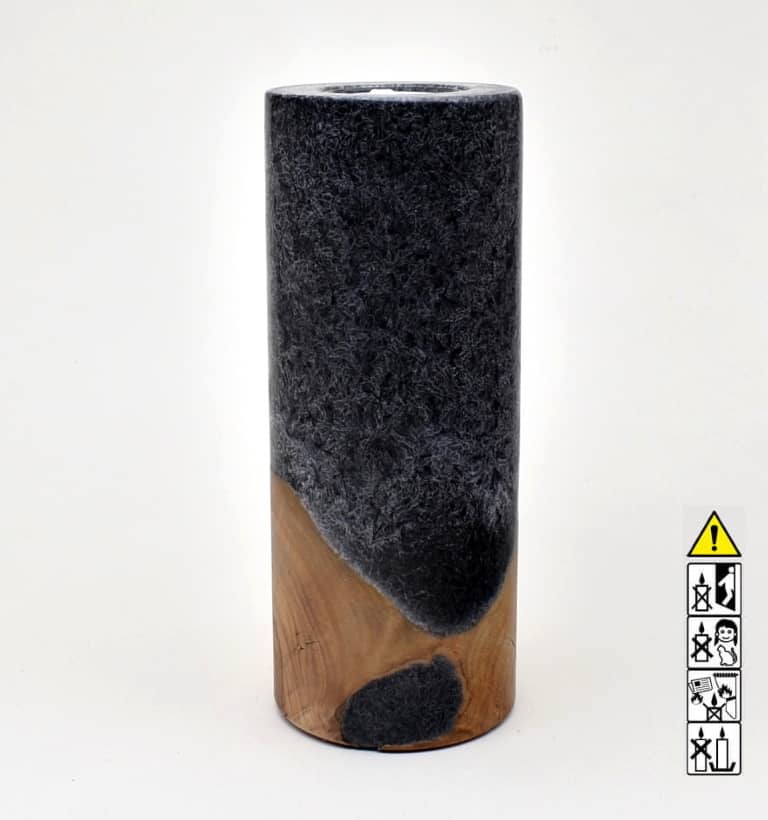 Kerze mit Holz Unikat Rund 80 x 200 mm mit Teelicht in schwarz