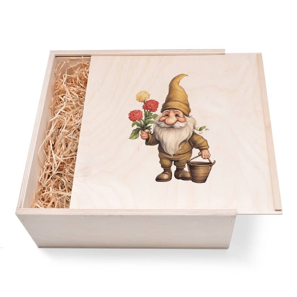 Zwergen Geschenkbox groß aus Holz mit verzierten Deckel. Jetzt in unserem Geschenke Onlineshop kaufen.