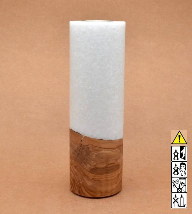Kerze 80x250mm mit Holzelement, Individuelle, persönliche Hochzeitskerze  Holzkerze, Rund Stearinoptik, Hochzeitskerze mit Teelicht im Kerzen online Shop für Hochzeiten bestellen, günstig kaufen.