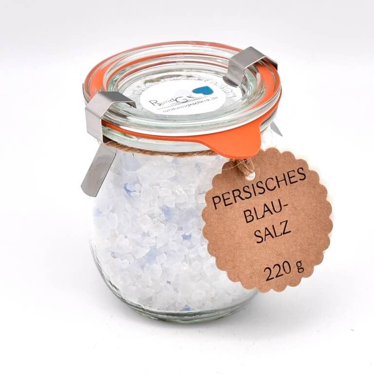Persisches Blausalz, Weck Glas 220g blau schimmernde Salzkristalle, für Fisch und Fleischgerichte 