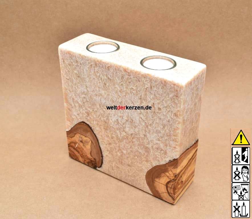 Kerze mit Holzelement, Unikat Holzkerze, Rund Stearinoptik, Kerze mit Teelicht Nummer 147