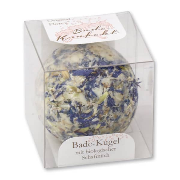 Badebutter-Kugel mit Schafmilch 50g mit Bestreuung Kornblume blau und Duft Lotus verpackt in Cellobox 