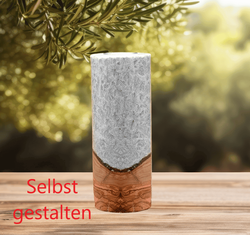 Geburtstagskerze grau mit Holz 8x20cm und Teelicht "selbst gestalten" Geburtstagskerze grau mit Holz 8x20cm und Teelicht "selbst gestalten"
