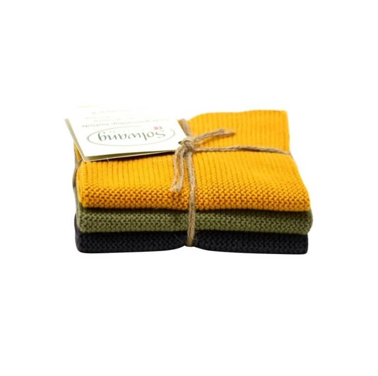 Solwang Wischtuch 3er Set 25 x 25 cm Baumwolle gestrickt. Dunkel Mix BIO