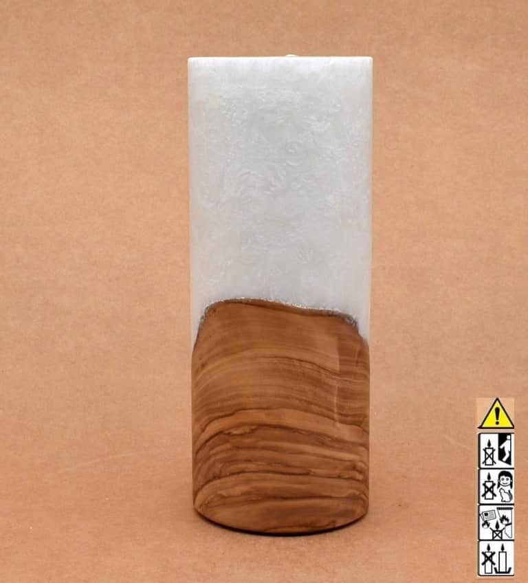 Kerze 80x200mm mit Holzelement, Individuelle, persönliche Hochzeitskerze  Holzkerze, Rund Stearinoptik, Hochzeitskerze mit Teelicht im Kerzen online Shop für Hochzeiten bestellen, günstig kaufen.