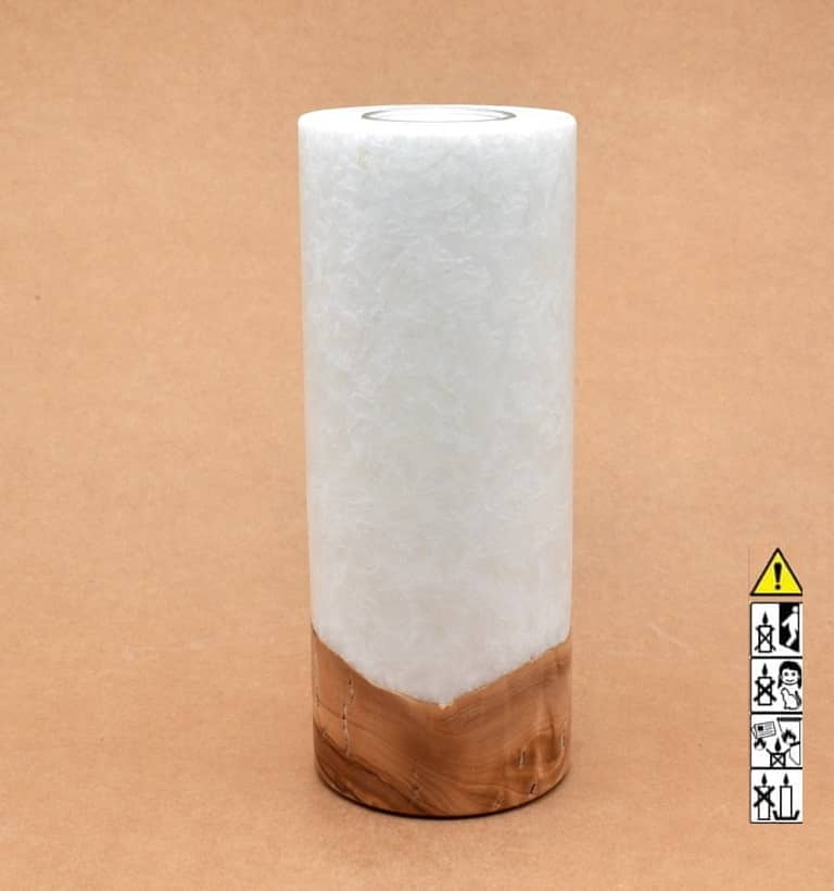Kerze 80x200mm mit Holzelement, Individuelle, persönliche Hochzeitskerze  Holzkerze, Rund Stearinoptik, Hochzeitskerze mit Teelicht im Kerzen online Shop für Hochzeiten bestellen, günstig kaufen.
