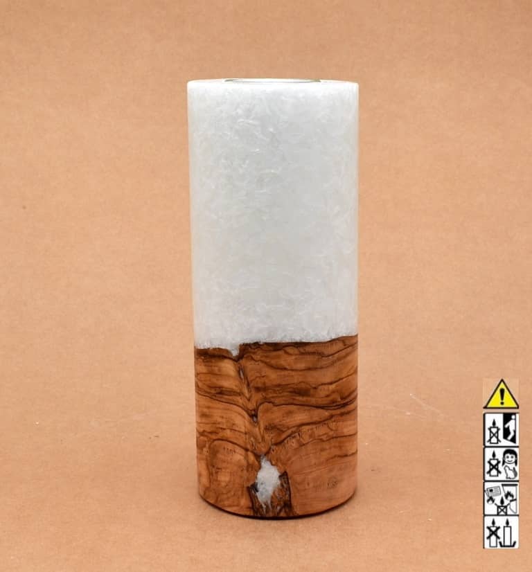Kerze 80x200mm mit Holzelement, Individuelle, persönliche Hochzeitskerze  Holzkerze, Rund Stearinoptik, Hochzeitskerze mit Teelicht im Kerzen online Shop für Hochzeiten bestellen, günstig kaufen.