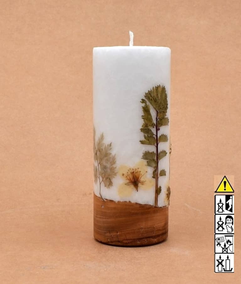 Blumendekor handgefertigt Stumpen Ø 60 x 150 mm mit Holz