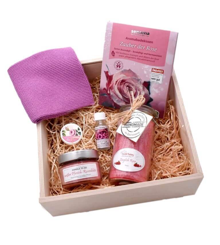 Geschenk-Set Rose "Beauty Tag" in Geschenkbox aus Holz