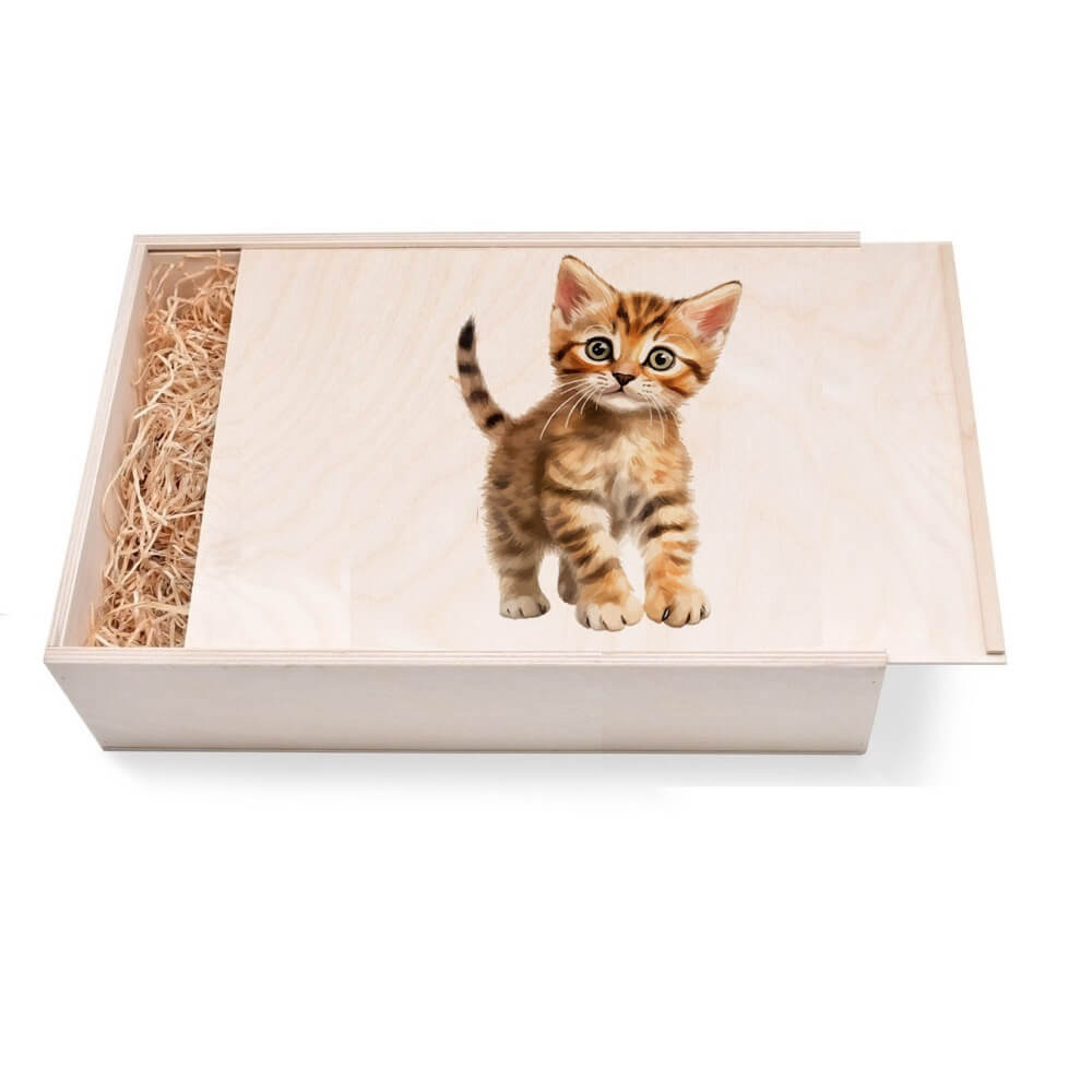 "Katze 7 - Europäisch Kurzhaar - Baby" Geschenkbox groß aus Holz mit verzierten Deckel. Jetzt in unserem Geschenke Onlineshop kaufen.