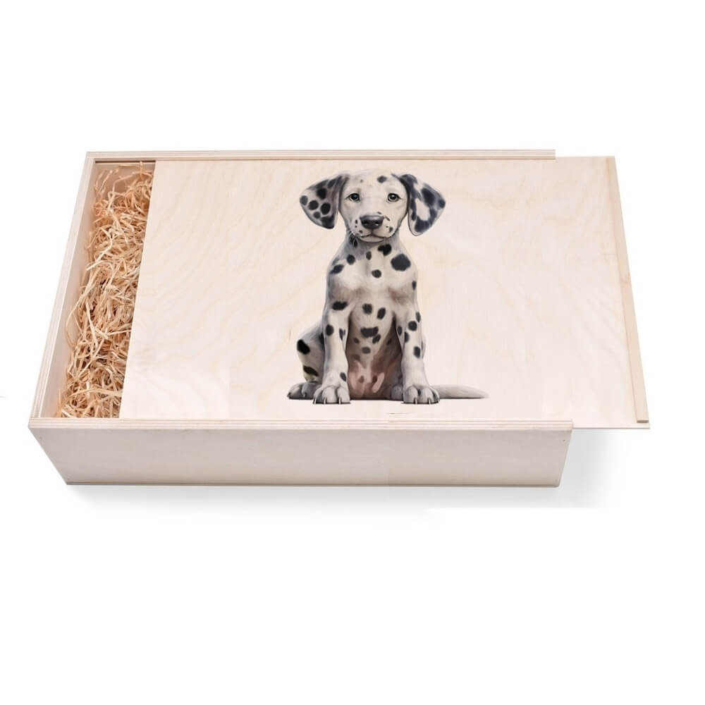 Hunde Geschenkbox groß aus Holz mit verzierten Deckel. Jetzt in unserem Geschenke Onlineshop kaufen.