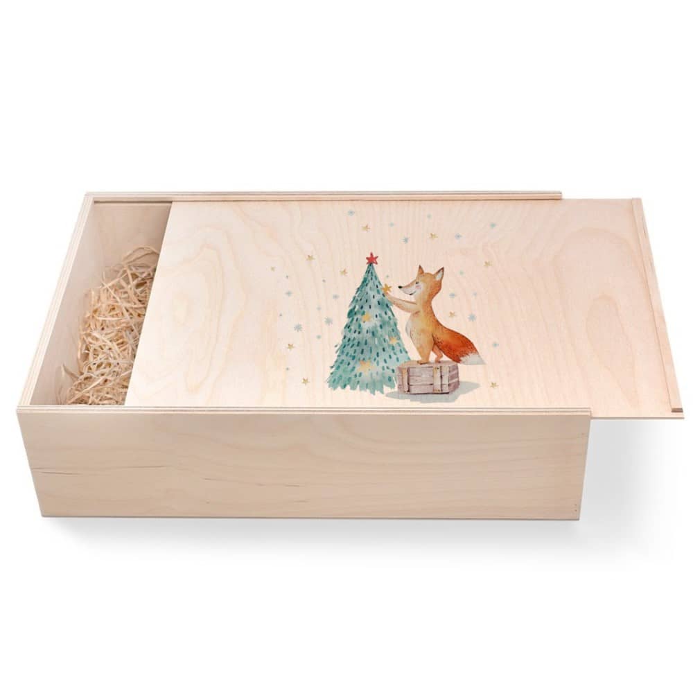 "Fuchs mit Weihnachtsbaum" Geschenkbox groß aus Holz mit verzierten Deckel Innen = 36/24/9 cm