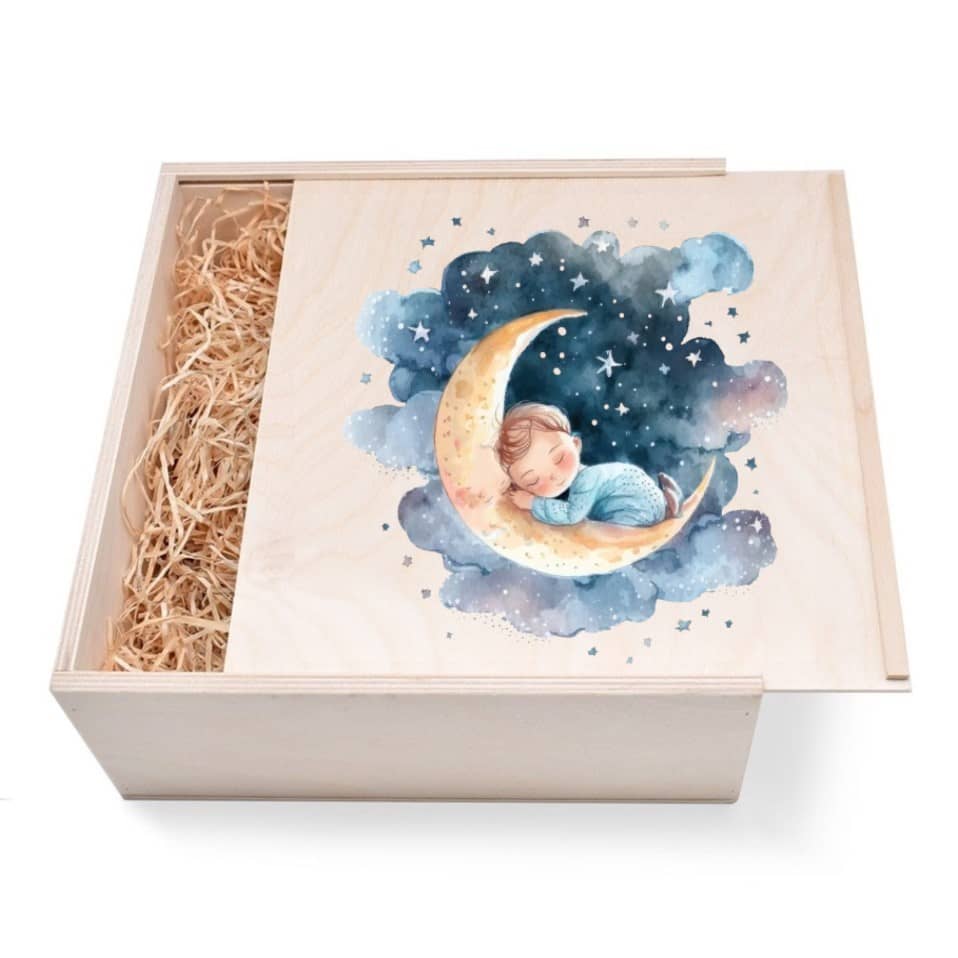 "Junge schäft im Mond" Geschenkbox aus Holz mit verzierten Deckel Innen = 24/24/9 cm