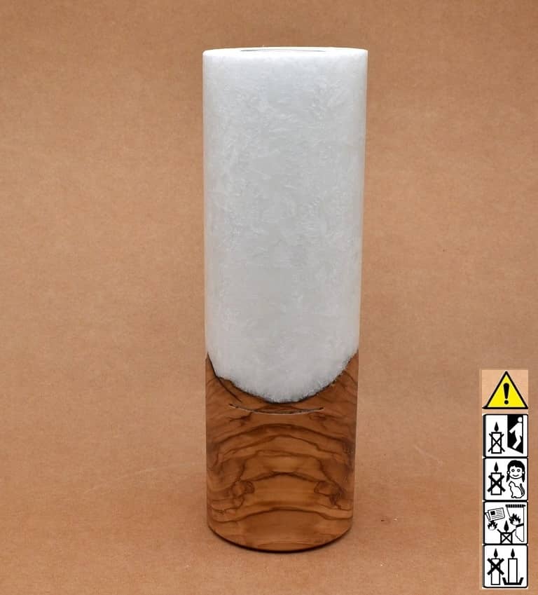 Kerze 80x250mm mit Holzelement, Individuelle, persönliche Hochzeitskerze  Holzkerze, Rund Stearinoptik, Hochzeitskerze mit Teelicht im Kerzen online Shop für Hochzeiten bestellen, günstig kaufen.
