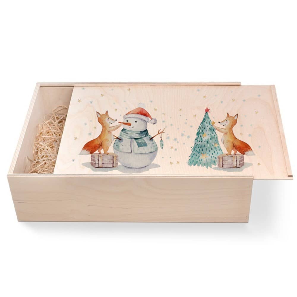 "Füchse mit Weihnachtsbaum & Schneemann" Geschenkbox groß aus Holz mit verzierten Deckel Innen = 36/24/9 cm