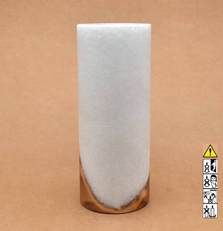 Kerze 80x200mm mit Holzelement, Individuelle, persönliche Hochzeitskerze  Holzkerze, Rund Stearinoptik, Hochzeitskerze mit Teelicht im Kerzen online Shop für Hochzeiten bestellen, günstig kaufen.