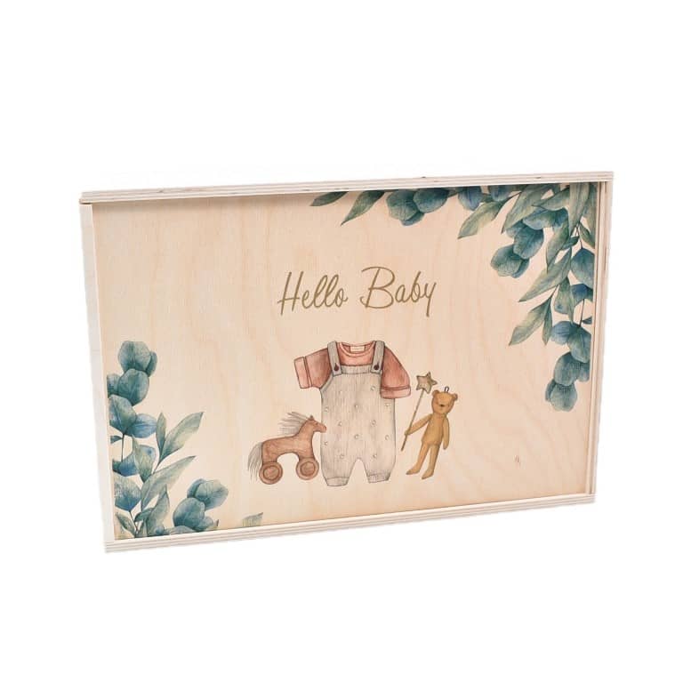 Geschenkbox Hello Baby aus Holz verzierten Holz-Schiebedeckel Innen = 360 x 240 x 90 mm