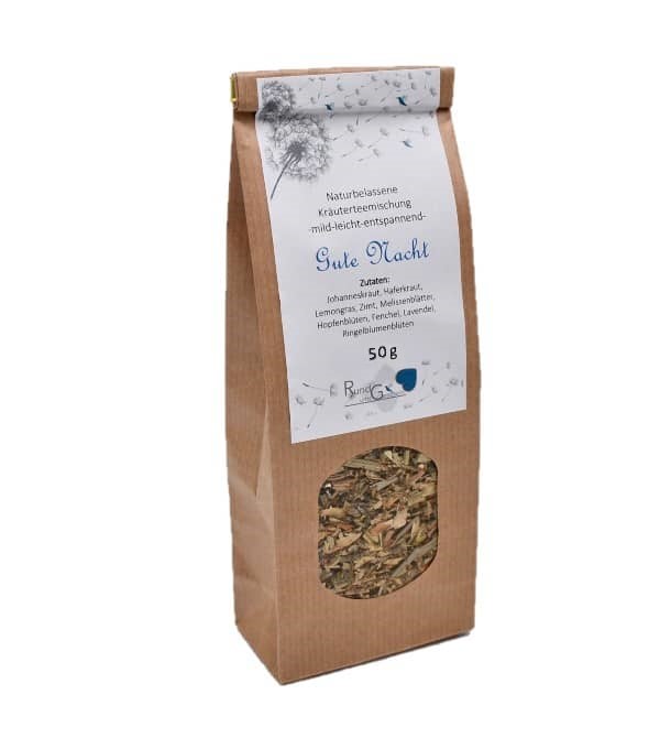 Gute Nacht Kräutertee Gebinde 100g Gute Nacht Kräutertee, Gebinde 100 g mild, leicht, entspannend – komm zur Ruhe