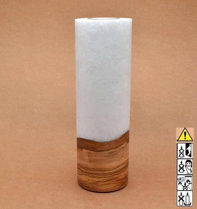 Kerze 80x250mm mit Holzelement, Individuelle, persönliche Hochzeitskerze  Holzkerze, Rund Stearinoptik, Hochzeitskerze mit Teelicht im Kerzen online Shop für Hochzeiten bestellen, günstig kaufen.