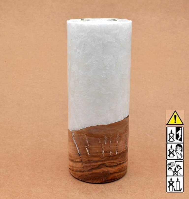 Kerze 80x200mm mit Holzelement, Individuelle, persönliche Hochzeitskerze  Holzkerze, Rund Stearinoptik, Hochzeitskerze mit Teelicht im Kerzen online Shop für Hochzeiten bestellen, günstig kaufen.