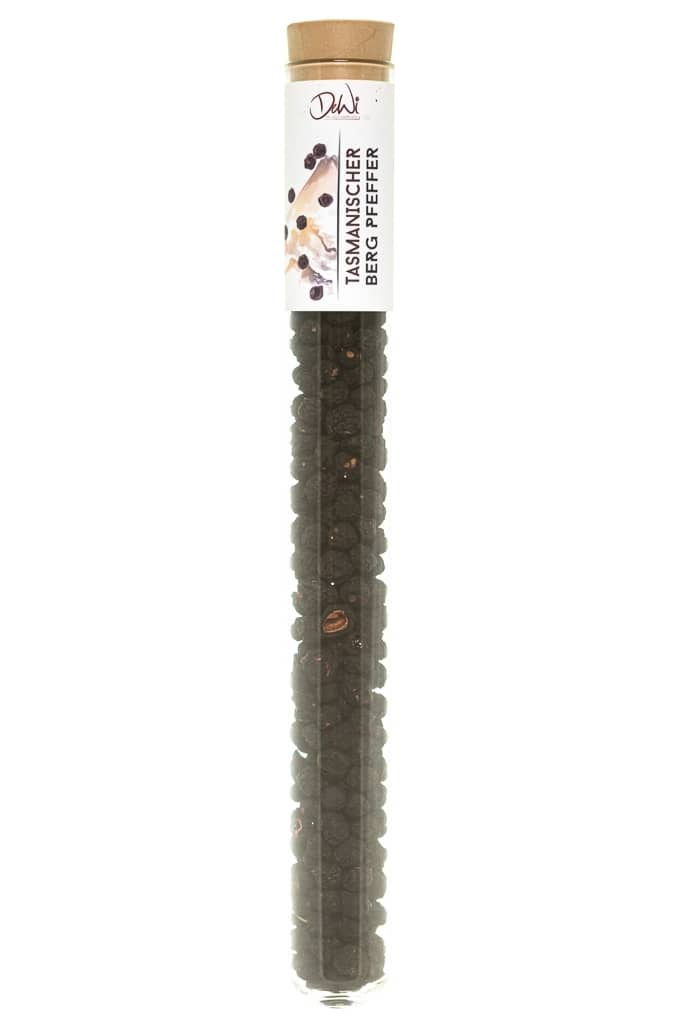 Tasmanischer Bergpfeffer in Spice Tube aus Glas ? 22mm Tasmanischer Bergpfeffer. Nachhaltig im Reagenzglas ? 22mm verpackt. Hochwertige kulinarische Produkte im Onlineshop kaufen.