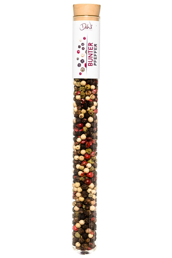 Bunter Pfeffer in Spice Tube aus Glas ? 22mm Bunter Pfeffer. Nachhaltig im Reagenzglas ? 22mm verpackt. Hochwertige kulinarische Produkte im Onlineshop kaufen.