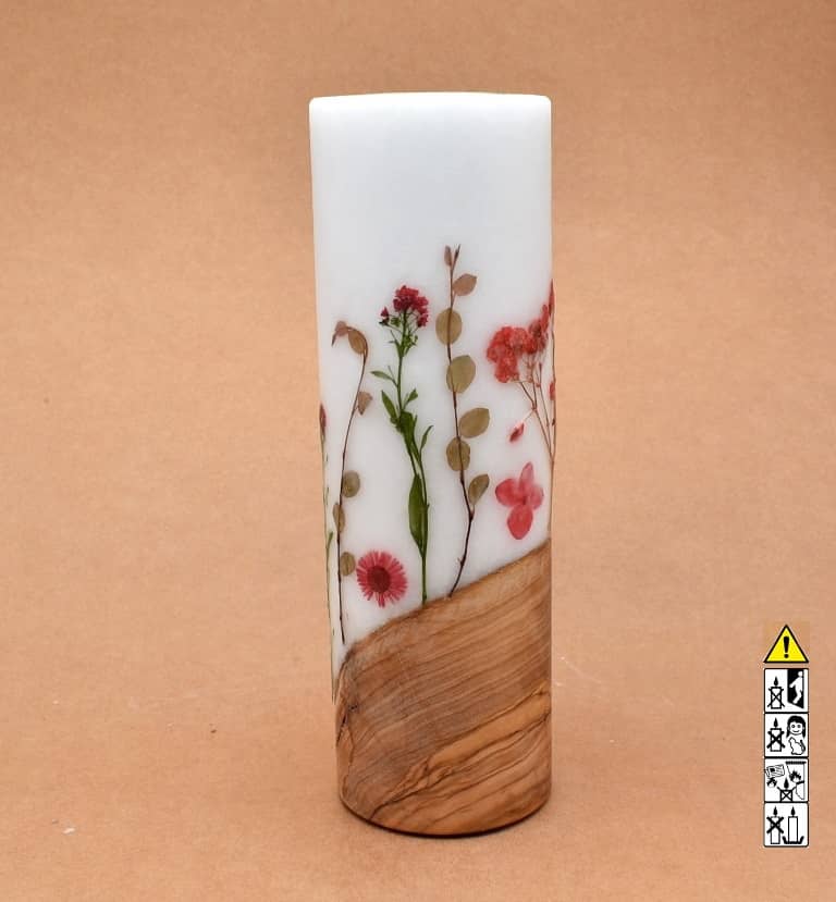 Blumendekor handgefertigt Stumpen Ø 80 x 250 mm mit Holz und Teelicht