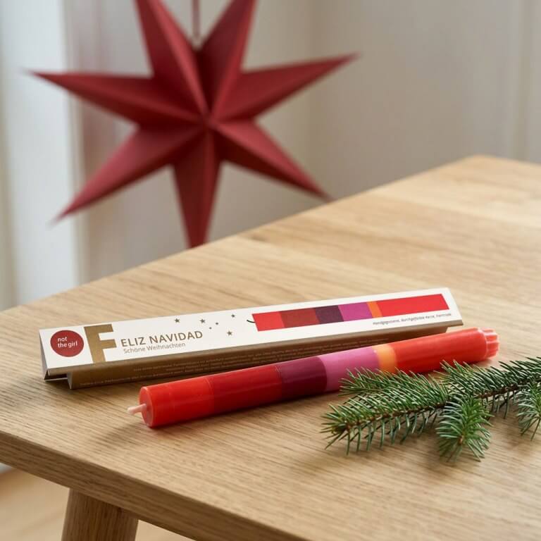 Bunte Stabkerze "Feliz Navidad - Schöne Weihnachten" 22 x 230 mm (ohne Deko)