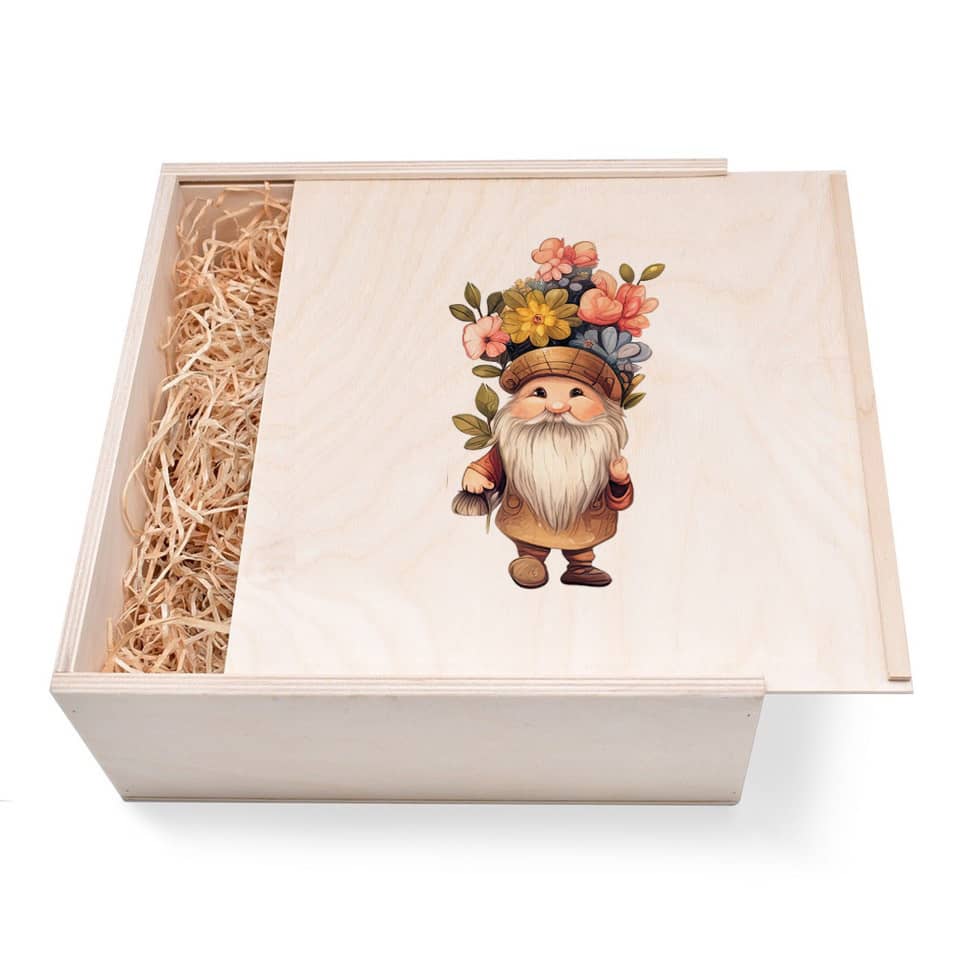 Zwergen Geschenkbox groß aus Holz mit verzierten Deckel. Jetzt in unserem Geschenke Onlineshop kaufen.