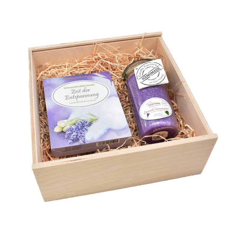 Badegeschenk Zeit der Entspannung Badekissen/ Lavendel Lemongras Duftkerze in Holzbox online kaufen
