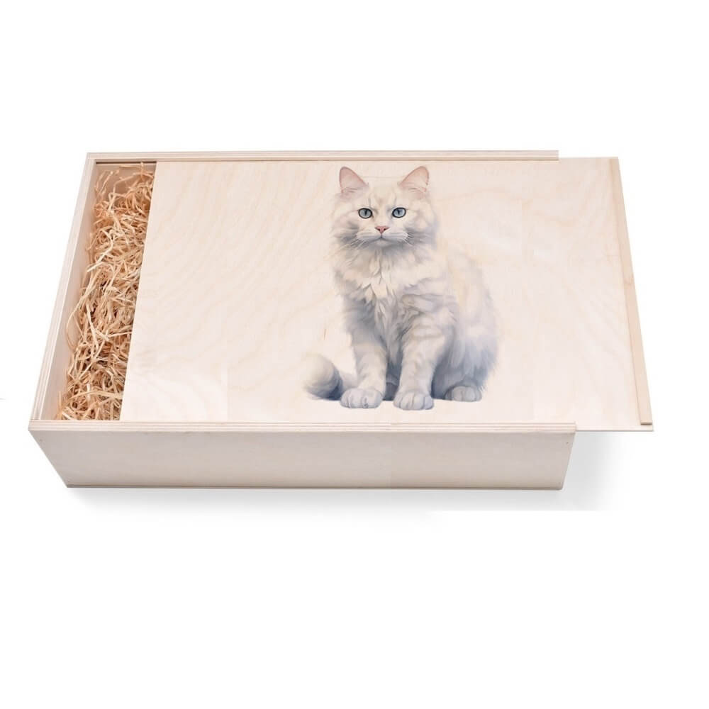 "Katze 8 - Türkisch Angora" Geschenkbox groß aus Holz mit verzierten Deckel. Jetzt in unserem Geschenke Onlineshop kaufen.