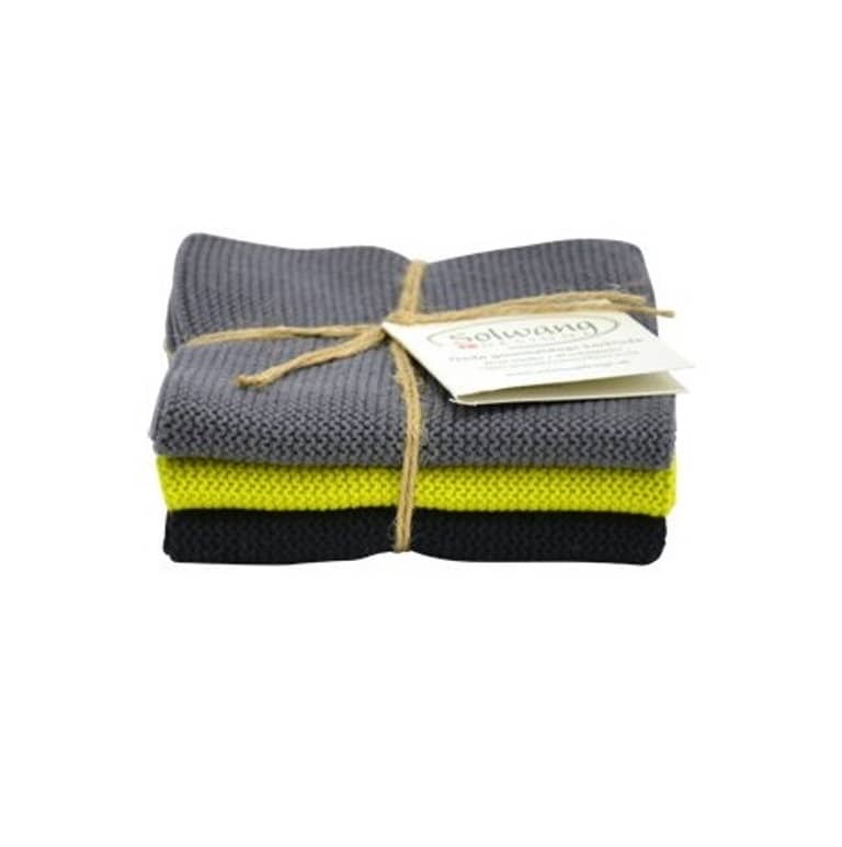 Solwang Wischtuch 3er Set 25 x 25 cm Baumwolle gestrickt. Dunkelgrau / Zitrone / Schwarz BIO