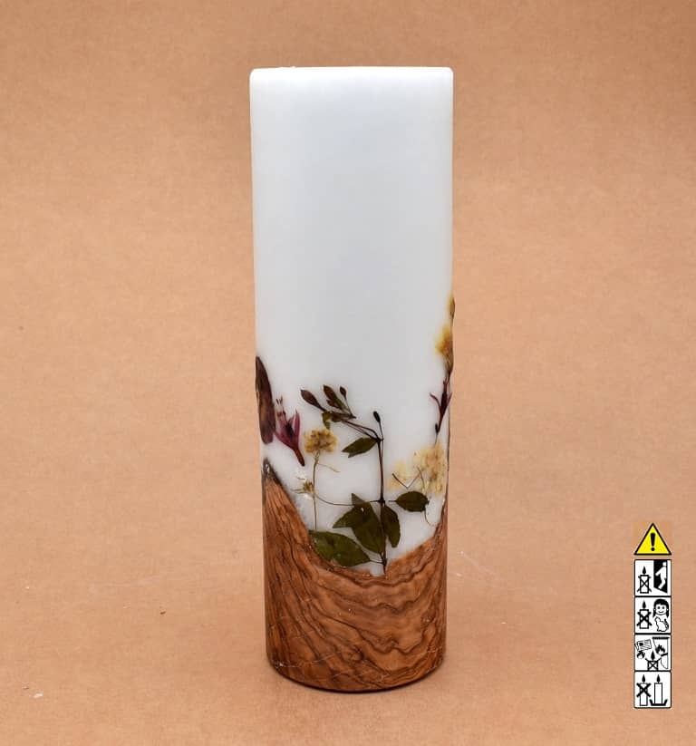 Blumendekor handgefertigt Stumpen Ø 80 x 250 mm mit Holz und Teelicht