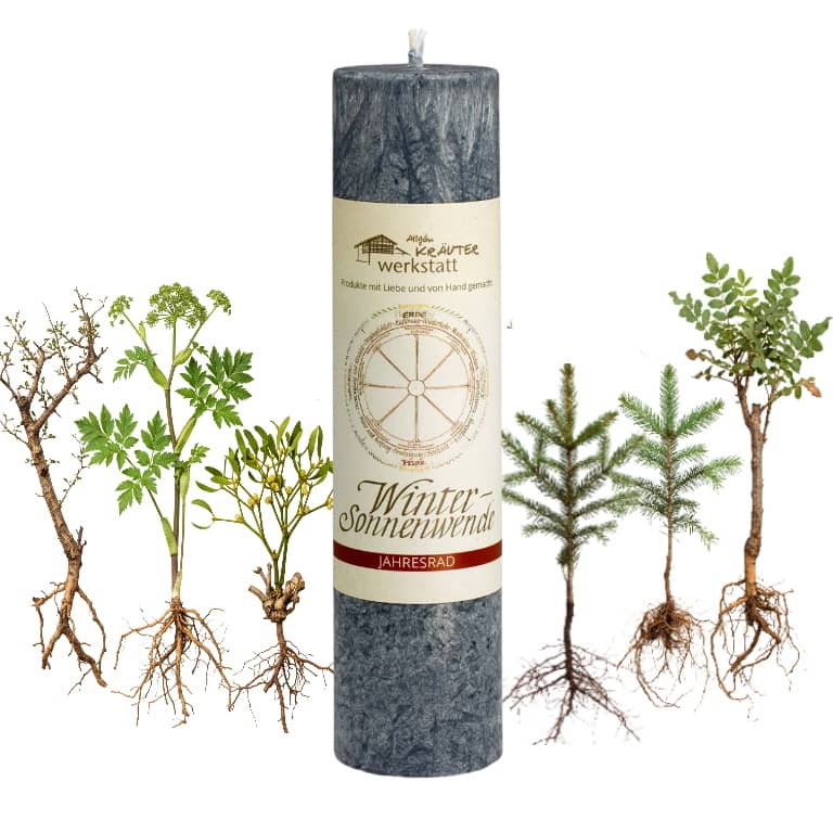 Allgäuer Heilkräuterkerze zum Thema Wintersonnenwende in unserem Kerzen Online Shop kaufen. Als Geschenk für Sie oder Ihn. 100% Vegane Kerze. Hergestellt aus Olivenöl.
