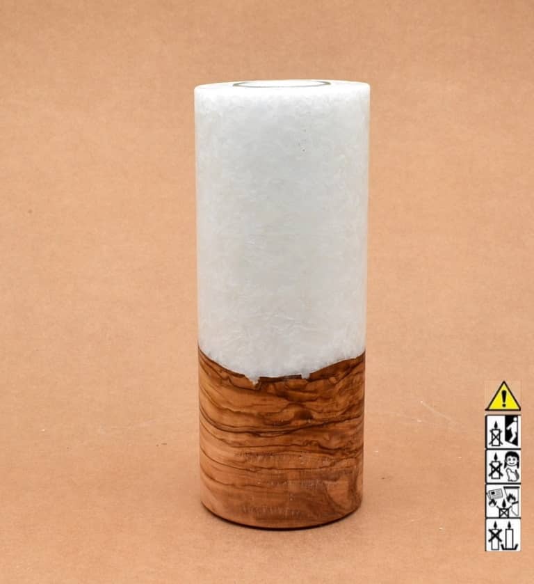 Kerze 80x200mm mit Holzelement, Individuelle, persönliche Hochzeitskerze  Holzkerze, Rund Stearinoptik, Hochzeitskerze mit Teelicht im Kerzen online Shop für Hochzeiten bestellen, günstig kaufen.