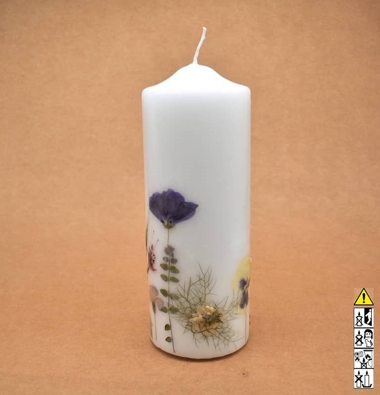 Kerze mit Blumen handgefertigt Stumpen Ø 90 x 250 mm rund Kerze mit Blumen handgefertigt Stumpen Ø 90 x 250 mm rund