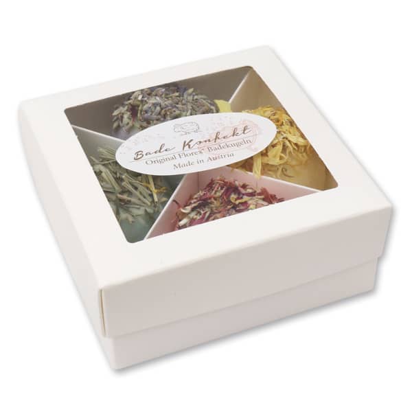 Badekonfekt/ Badebutter Florex blüten Badekonfekt/ Badebutter vier Badekugeln mit Blüten, Geschenkverpackung in unserem online Shop kaufen