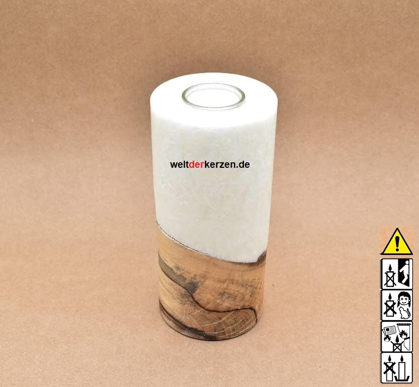 Kerze mit Holz, Unikat Holzkerze, Rund Stearin Kerze 130 Kerze mit Holzelement, Unikat Holzkerze, Rund Stearinoptik, Kerze mit Teelicht Nummer 130