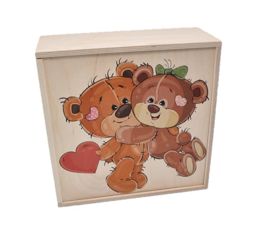 Geschenkbox "Teddybären" aus Holz verzierten Holz-Schiebedeckel Innen = 240 x 240 x 90 mm