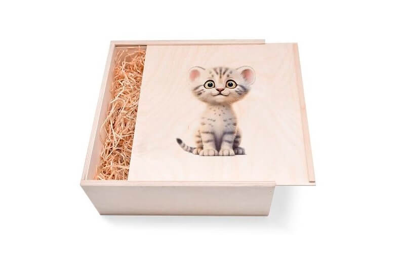 Geschenkbox aus Holz für Katzen. Jetzt in unserem Geschenke Onlineshop kaufen.